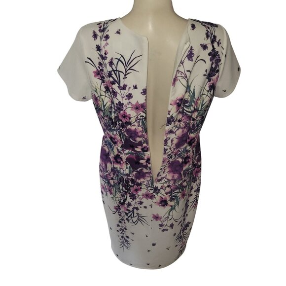 New York & Company White Floral Print Short Sleeve Sheath Dress With V-Neck & Ba - Picture 4 of 7